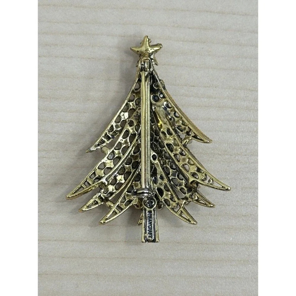 Vtg Hollycraft Christmas Tree Pin Brooch Multi Color Rhinestone Designer Signed
